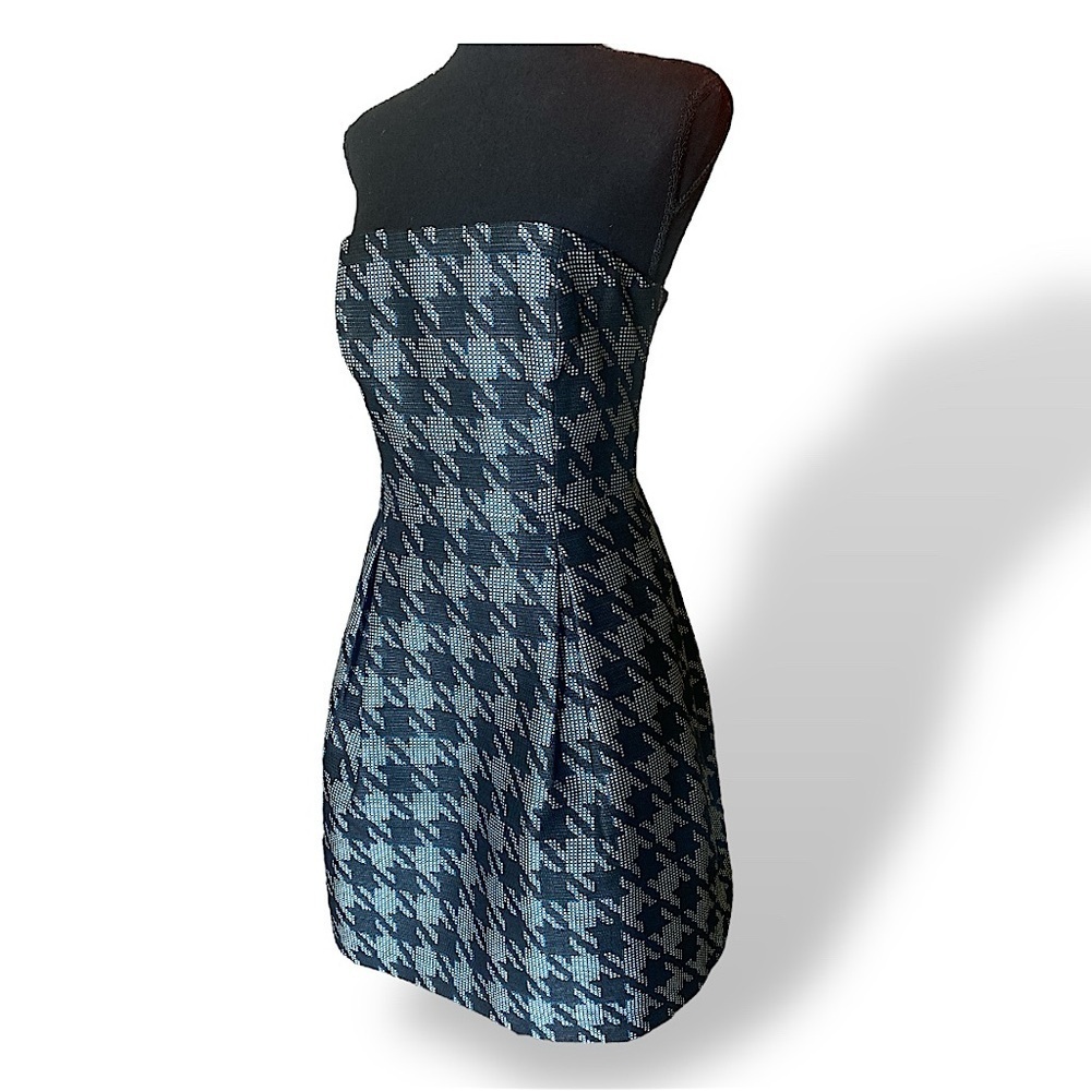 Trina Turk Houndstooth Dress Black White & Teal Elegant Strapless Dress Size 6
